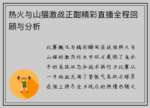 热火与山猫激战正酣精彩直播全程回顾与分析